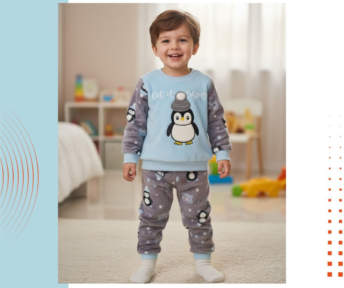 Winter pajamas with a penguin fur trim
