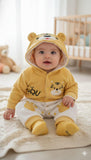 Cozy winter jumpsuit with teddy bear hood